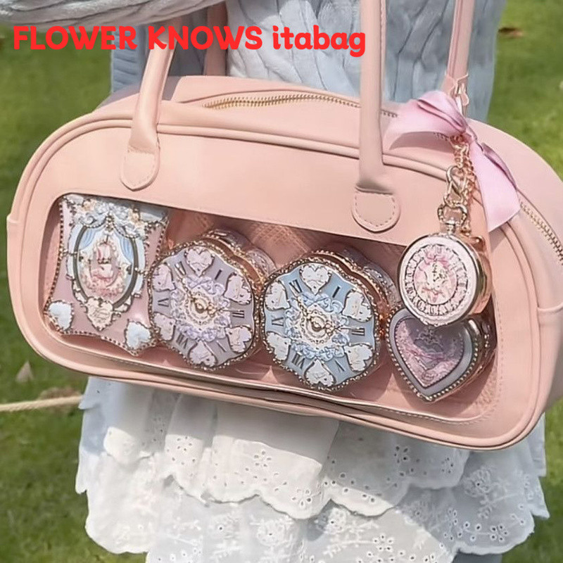 FLOWER KNOWS กระเป๋าแต่งหน้า, กระเป๋าใต้วงแขน, กระเป๋าเครื่องมือความงามสีชมพูแบบมือถือ