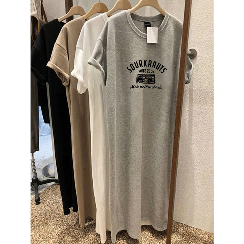 เดรสเสื้อยืดคอกลมแขนสั้นพิมพ์ลายตัวอักษร 2026 - ชุดเดรสขี้เกียจสไตล์ยาวหลวมสบาย ๆ - ชุดบ้าน แบบเรียบง่ายชุดสองชิ้นเดี