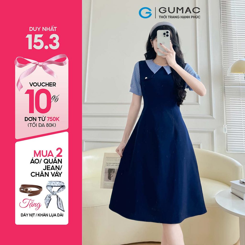 ชุดเดรสผู้หญิงทรงเอคอปกลายทางสีน้ําเงินแฟชั่นสตรีหรูหรา GUMC LDF0904