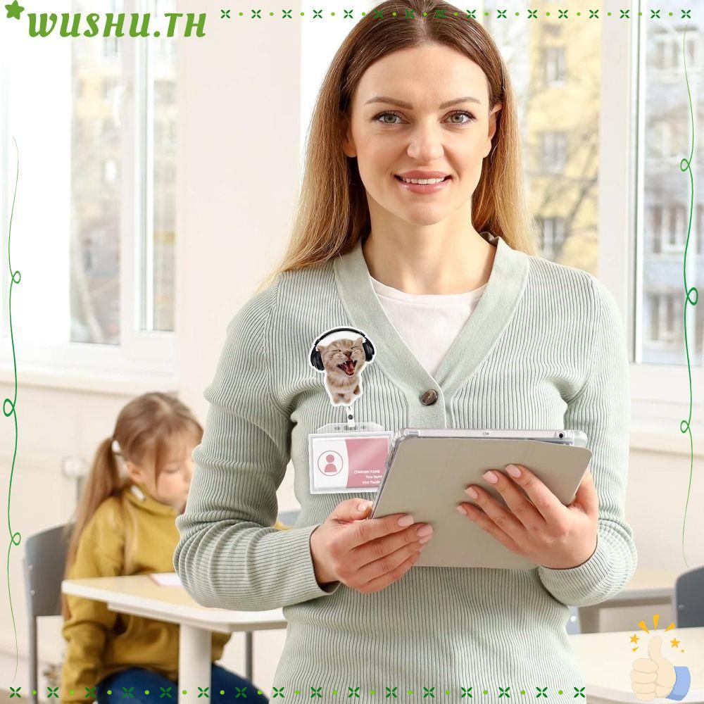 WUSHU พวงกุญแจแมว, Retractable Lanyard Memes Badge Reels, ของขวัญอะคริลิค Cat Memes Series ชื่อแท็กผ