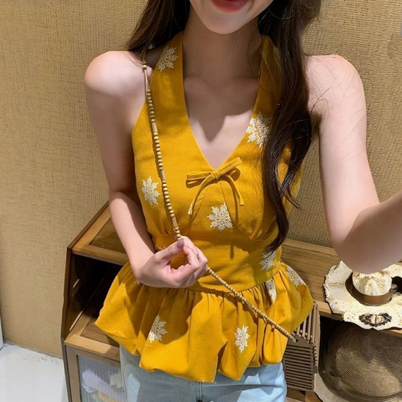 หญิง Bud แขวน cod ออกแบบพิมพ์ Niche เอวโบว์ภาษาฝรั่งเศสคํา v-Feel แฟชั่นฤดูร้อน Camisole คอ Chic Top