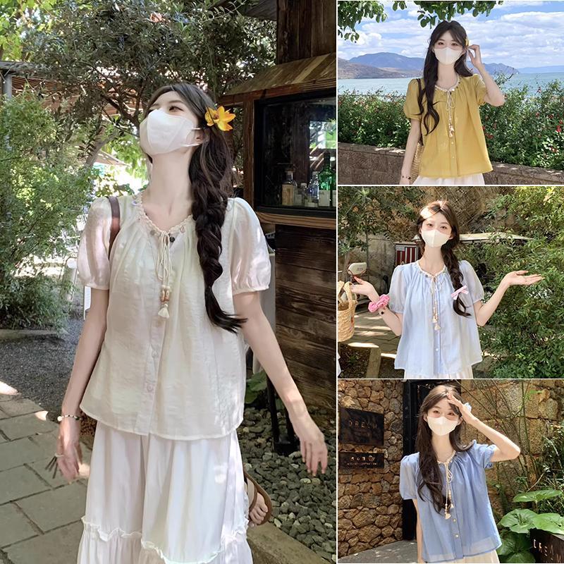 เสื้อเชิ้ตแขนสั้นสไตล์โบฮีเมีย ผ้าบางใส่ไม่ร้อนระบายอากาศได้ดี สีพึ้นแมตช์ง่ายแฟชั่นซัมเมอร์-พร้อมส่งจากไทย-รุ่นw640