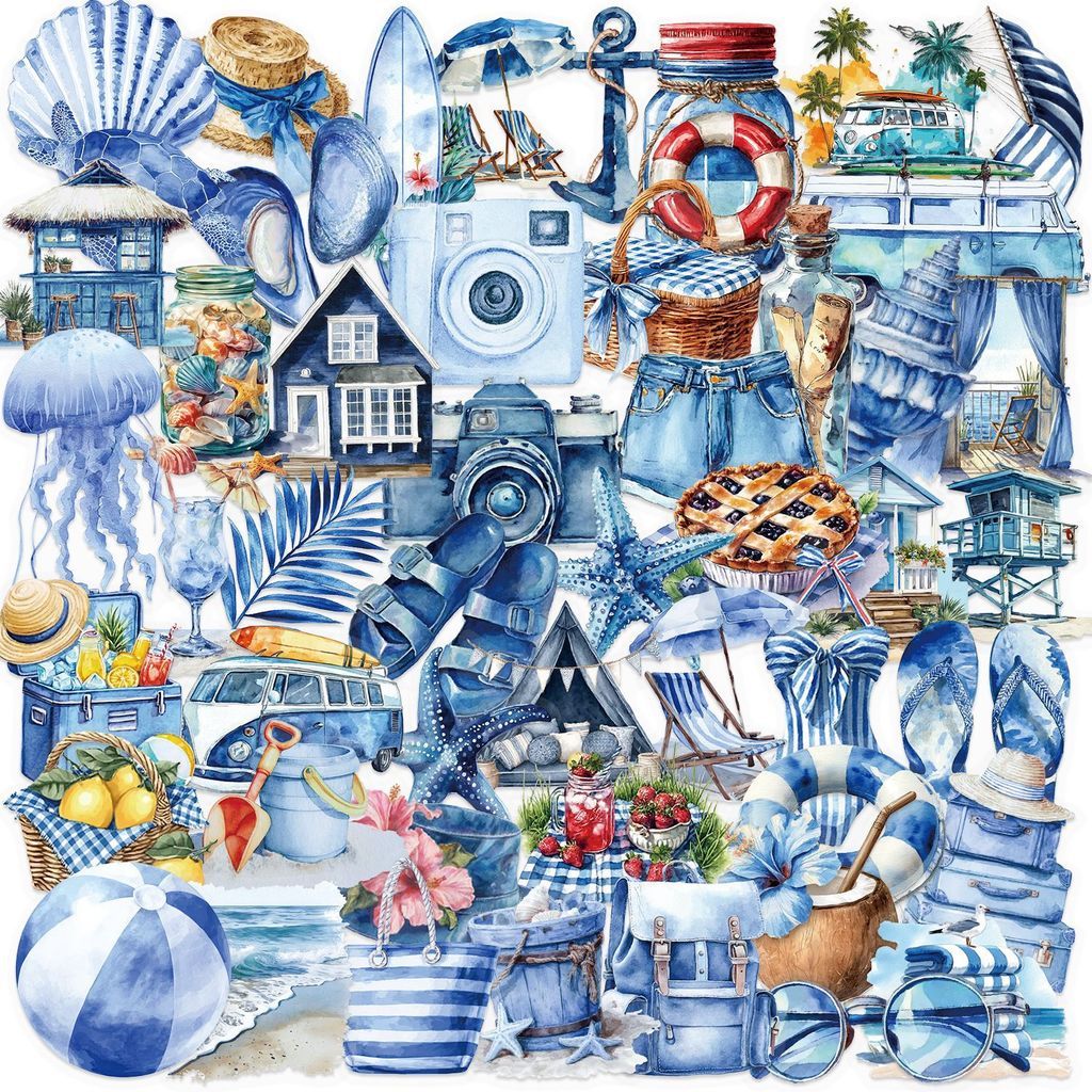 Blue Beach Sticker สติกเกอร์หาดทรายสีฟ้า 50ชิ้น วัสดุ PET ใส กันน้ำ สไตล์มินิมอล ตกแต่งน่ารัก ราคา ถูกที่สุด ดีลบีเคเค