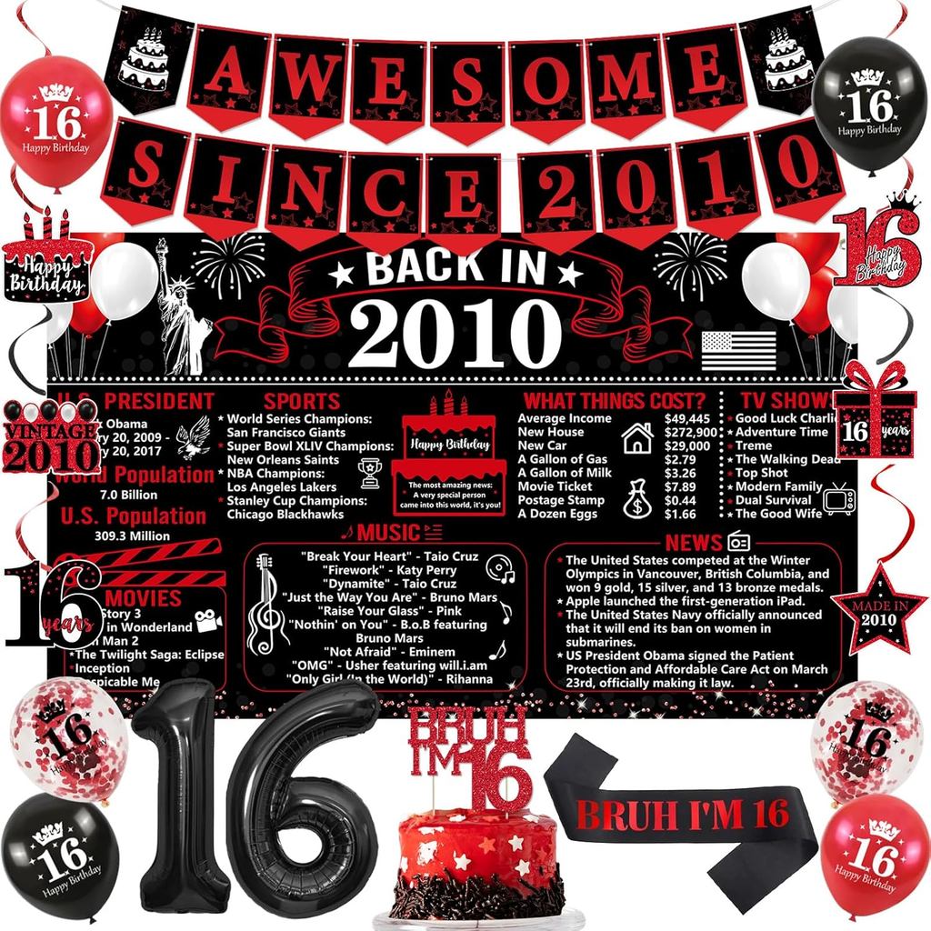 Trowaul Happy 16th Birthday Decoration for Boys, Black Red Back in 2010 Birthday Party Supplies, Red
