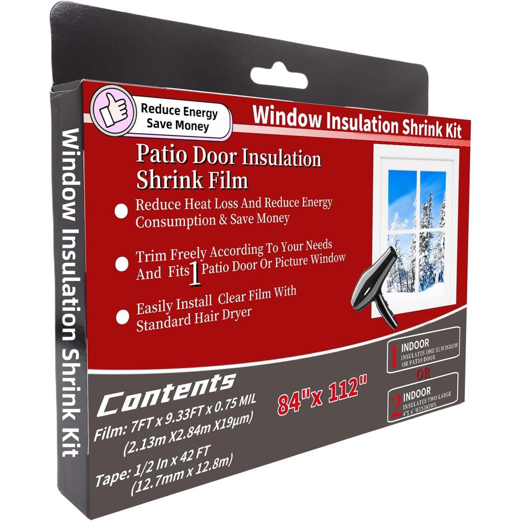 Large Patio Door Shrink Film Window Insulation Kit 84-Inch by 112-Inch, Clear, Keeps Cold Air Out an