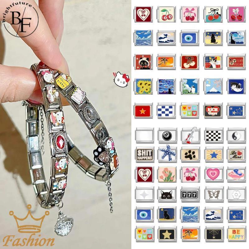 สร้อยข้อมือสแตนเลส 9 มม. ลายดอกไม้อิตาเลียน charm เหมาะสำหรับการแต่งกายแบบเรโทร เพิ่มบุคลิกภาพ