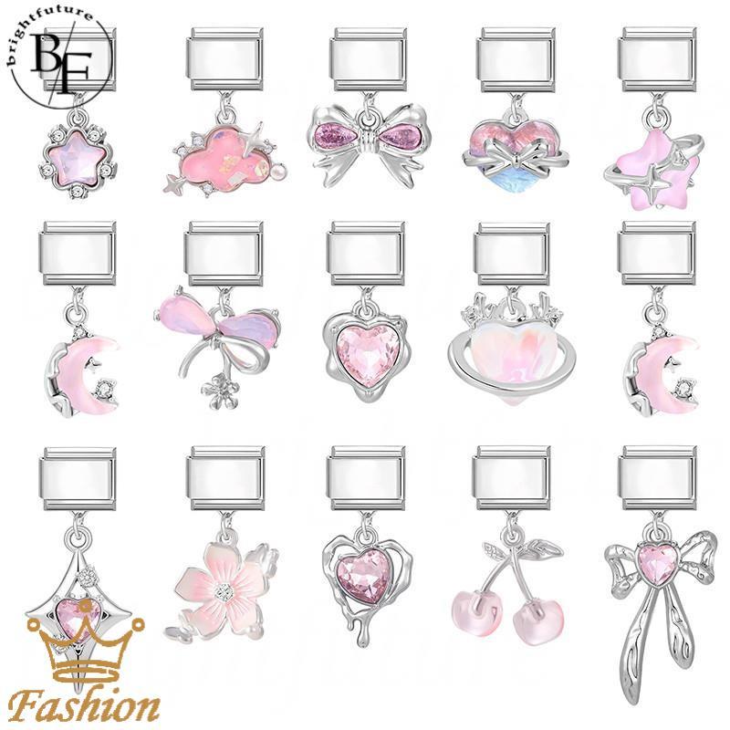 จี้สีชมพูและชุดสร้อยข้อมือสแตนเลสสไตล์อิตาเลียน พร้อมcharm ขนาด9มม. เหมาะสำหรับทำDIY-retro เพิ่มบุคลิกภาพ