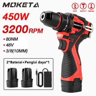 MOKETA 48V Brushless Cordless Drill 10mm Mesin bor 2 Baterai Multifunction bor listrik murah bor tangan baterai besi tembok Beton kayu