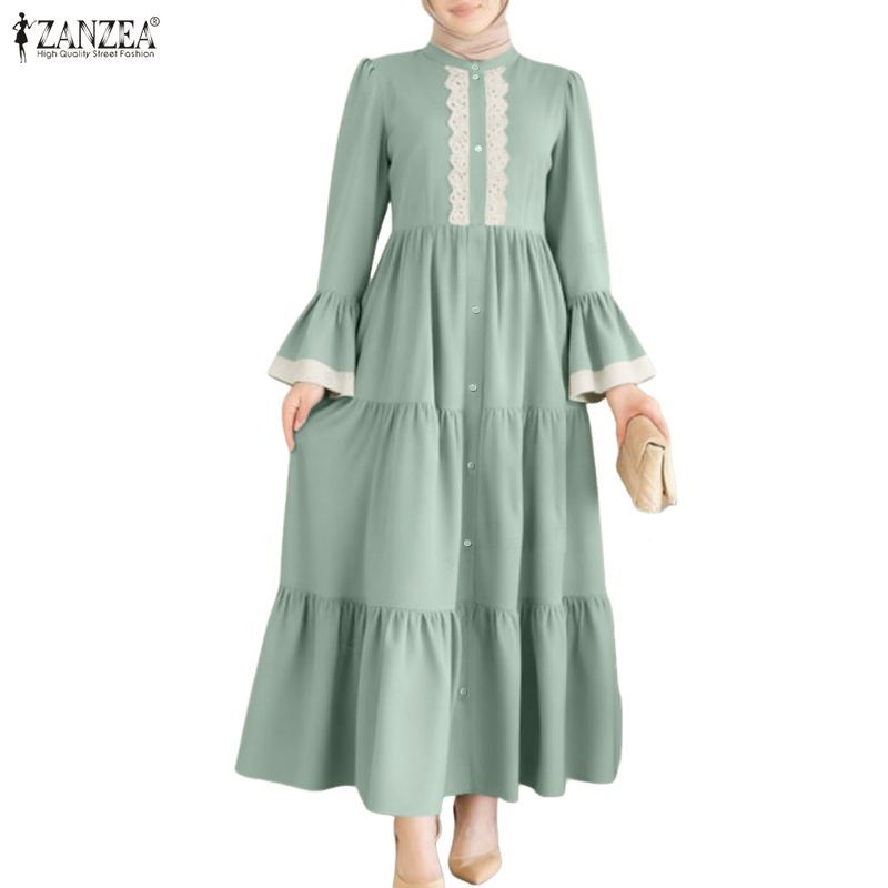 ZANZEA ผู้หญิงมุสลิม Elegant Crew คอ Flare Sleeve Lace Splicing Layered Ruffles Splicing ชุด
