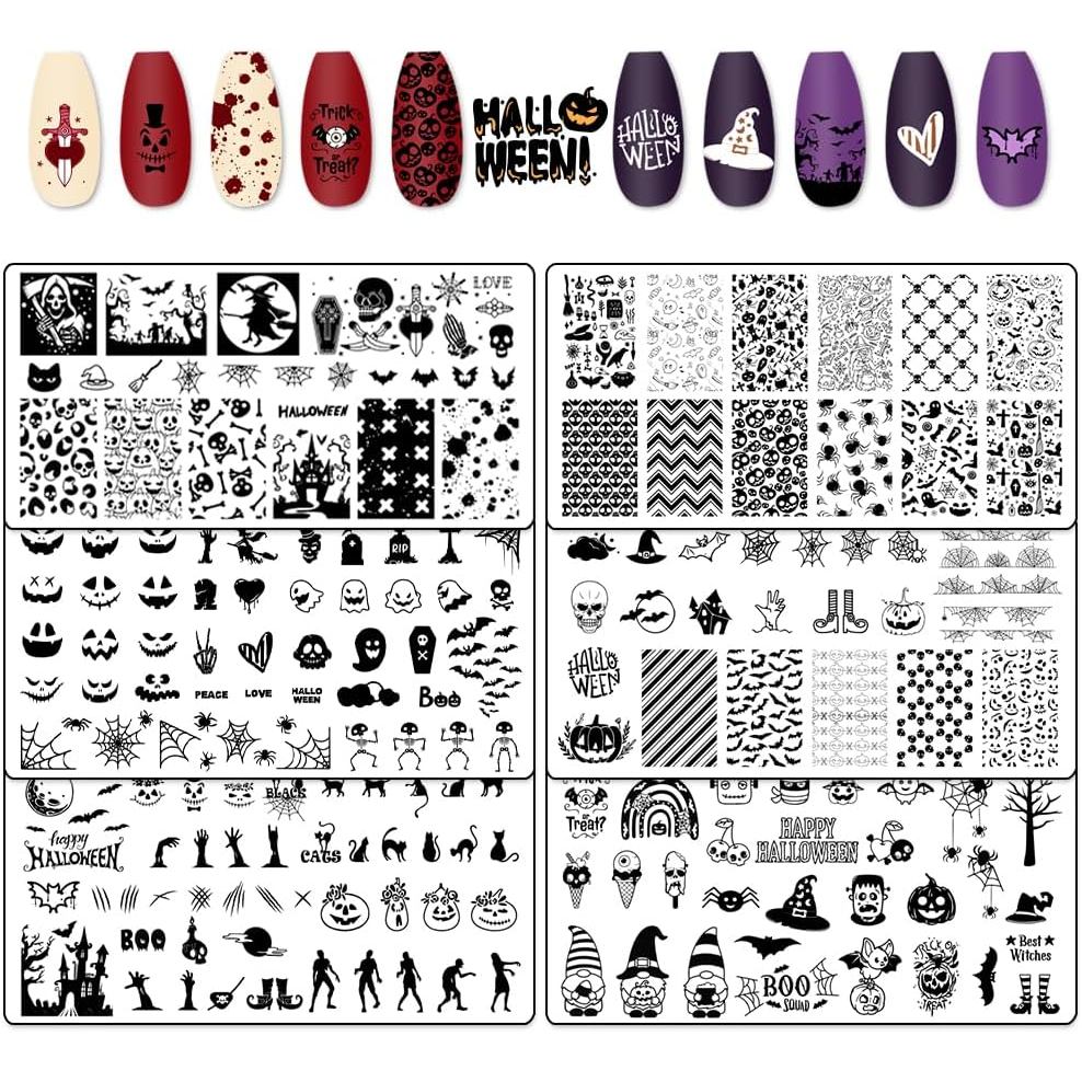 Hying 6 ชิ้นฮาโลวีนเล็บ Stamping แผ่นสําหรับผู้หญิงเล็บ, สแตนเลส Jack-o-Lantern Skull เล็บแผ่นแม่แบบ