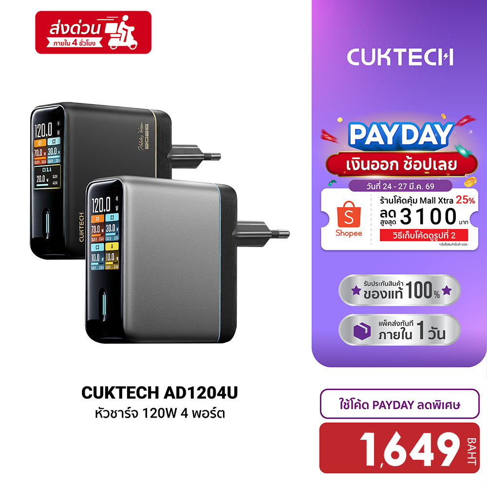 [ลดเหลือ 1649] CUKTECH AD1204U หัวชาร์จ 120W 4 พอร์ต เชื่อมต่อแอป Xiaomi Home หน้าจอ TFT -2Y