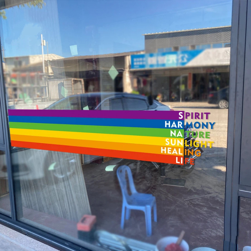 Rainbow ตัวอักษรภาษาอังกฤษประตูกระจกหน้าต่าง Waistline Anti-collision สติกเกอร์ส่วนบุคคลตกแต่ง Rainbow Stripe ฟิล์ม