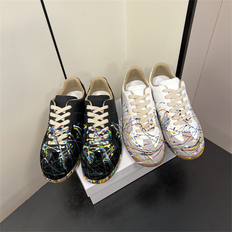 H2PV MM6 German training shoes for women and men, genuine leather casual shoes, splash-ink graffiti 