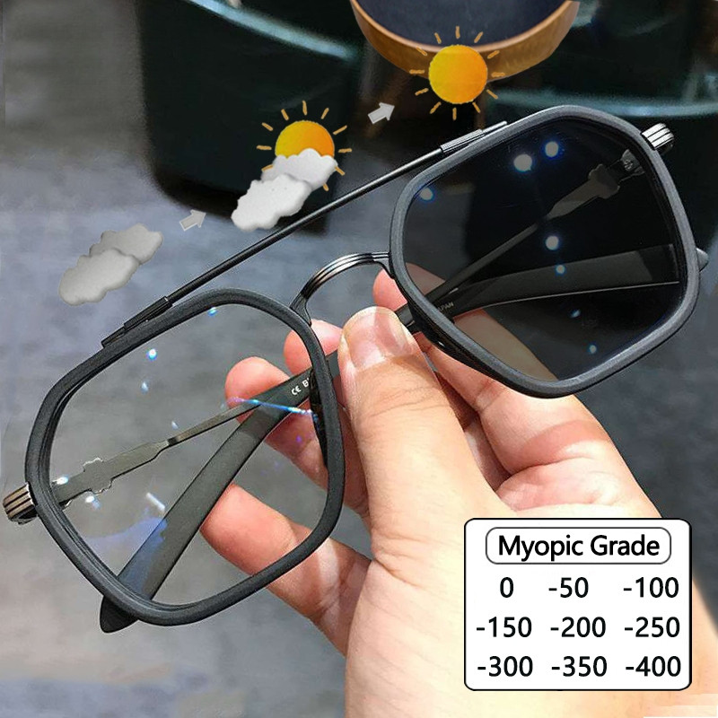 UQ7R Photochromic Power แว่นตาป้องกันแสงสีฟ้าสําหรับผู้หญิงผู้ชายพร้อม Power Transition สีเทา -50/-1