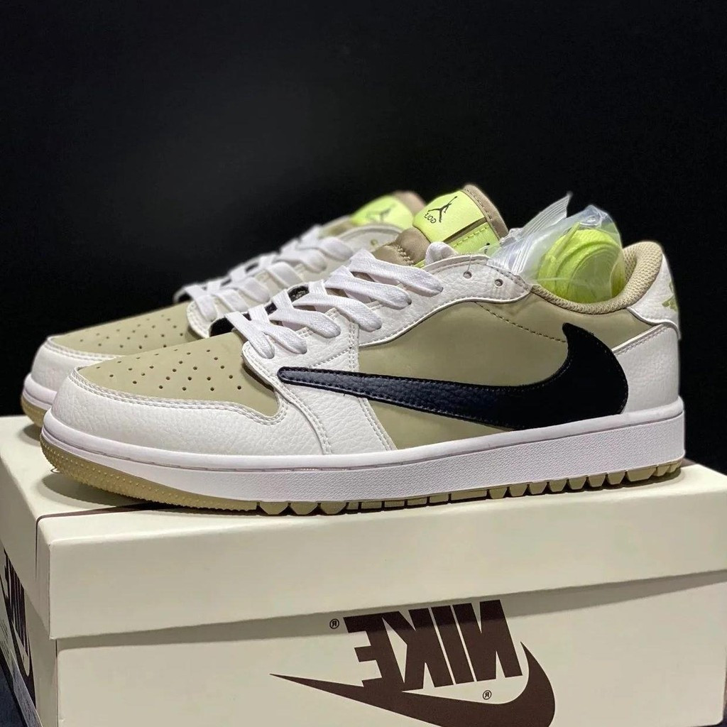 Travis scott x Air Jordan 1 low Golf 6.0 สีเขียวมะกอกสีน้ําตาลสีขาว Barb low-Top Casual กีฬารองเท้าบ