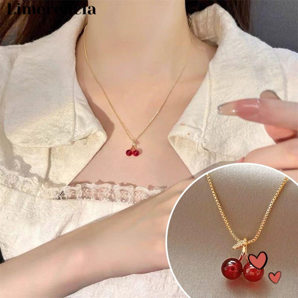 LIMERENCIA Cherry Pendant Necklace, Red Cherry Golden Chain Fruit Chain Necklace, Jewery Accessories