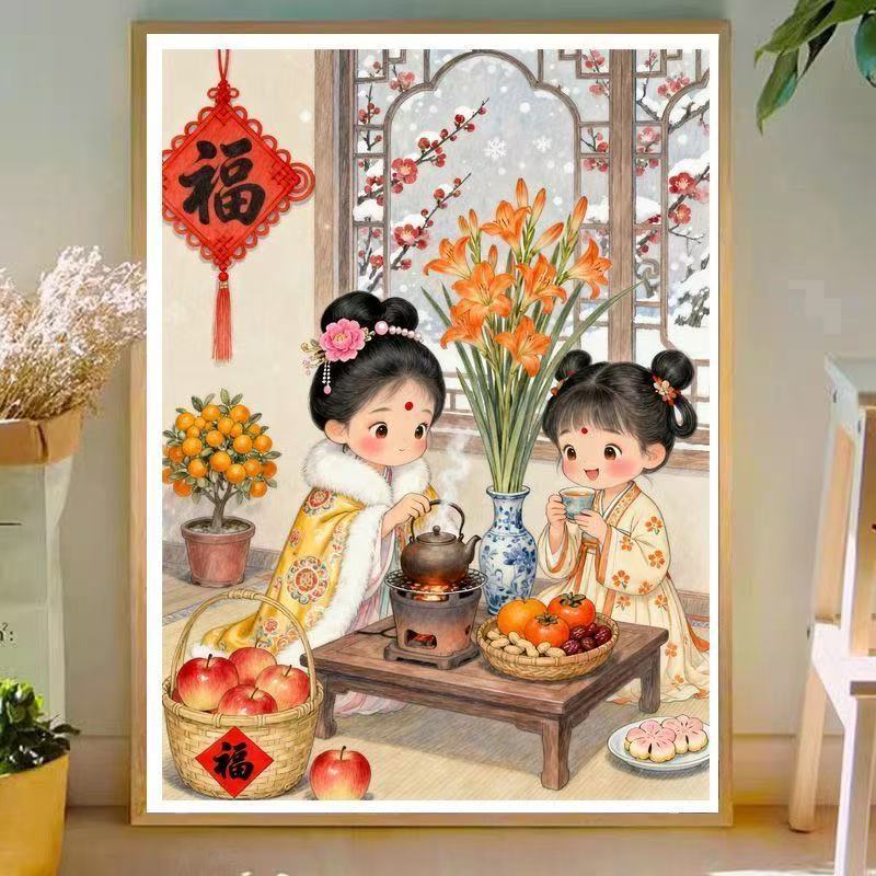 ปักครอสติสสไตล์ใหม่โบราณ Childlike สนุก Fortune ตัวอักษร Peace Joy รอบเตาชาทําการพิมพ์ที่แม่นยํา Hand Embroide