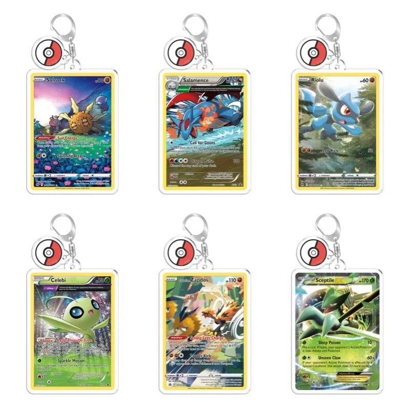 พวงกุญแจโปเกมอน TCG อะคริลิครูปการ์ด Solrock Salamence Celbi Zapdos Lucario Stiletto อะนิเมะกระเป๋าน