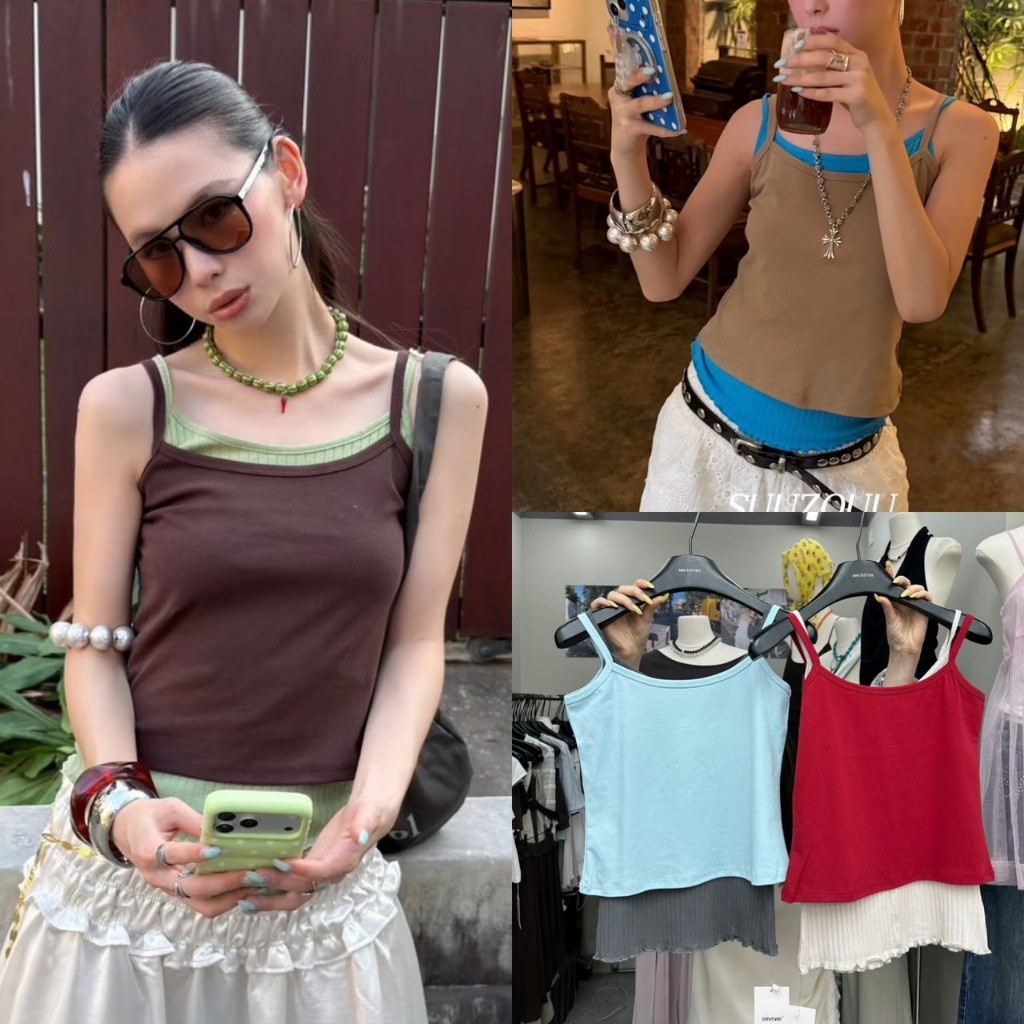 ❤ 🧵 🇰🇷 SU087 เสื้อสายเดี่ยว 2 ชิ้น ตัวนึงทรงสั้น ตัสนึงทรงยาว ใส่แมทซ์คู่สีกัน แฟชั่นเกาหลี TAG MM Fish 🧵🧡