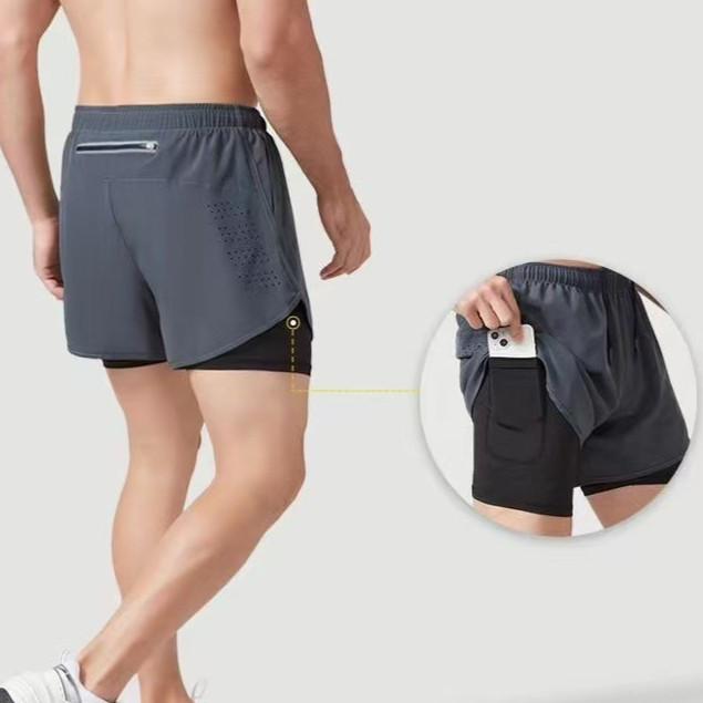 Double-Layer Sports Shorts Men's Running Shorts Quick-Drying Breathable Back Waist Reflective Pocket
