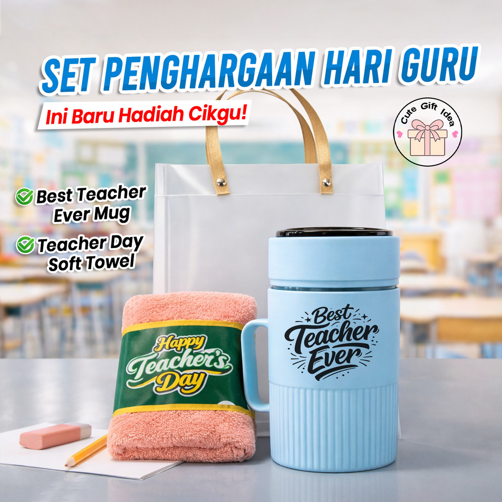 VCR Teacher Day Set Mug Towel Bag Best Teacher Ever Present Hari Guru Hadiah Cikgu