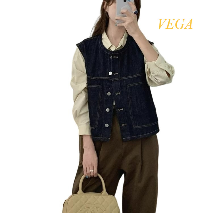 VEGA เสื้อกั๊กยีนส์ เสื้อแขนกุด คอกลมกระดุมหน้า กระเป๋าใช้งานได้  สไตล์เกาหลี รุ่น W8916
