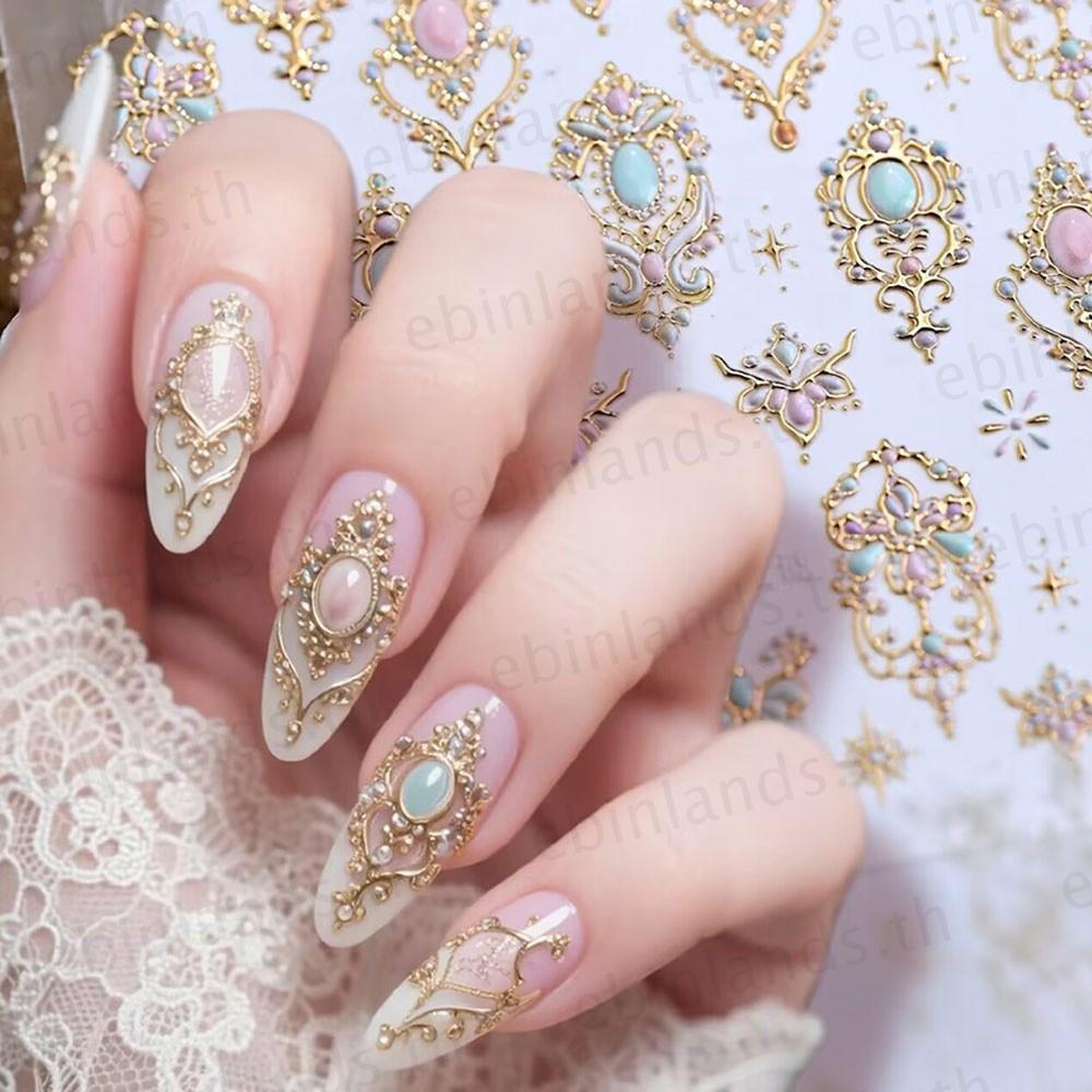 เอบินแลนด์ สติ๊กเกอร์ติดเล็บ,บาร็อคภาพสีน้ํามันวินเทจกรอบโลหะสติกเกอร์เล็บ,การออกแบบกุหลาบสีแดงรูปหัวใจกาวตนเองกดบนเล็บตกแ