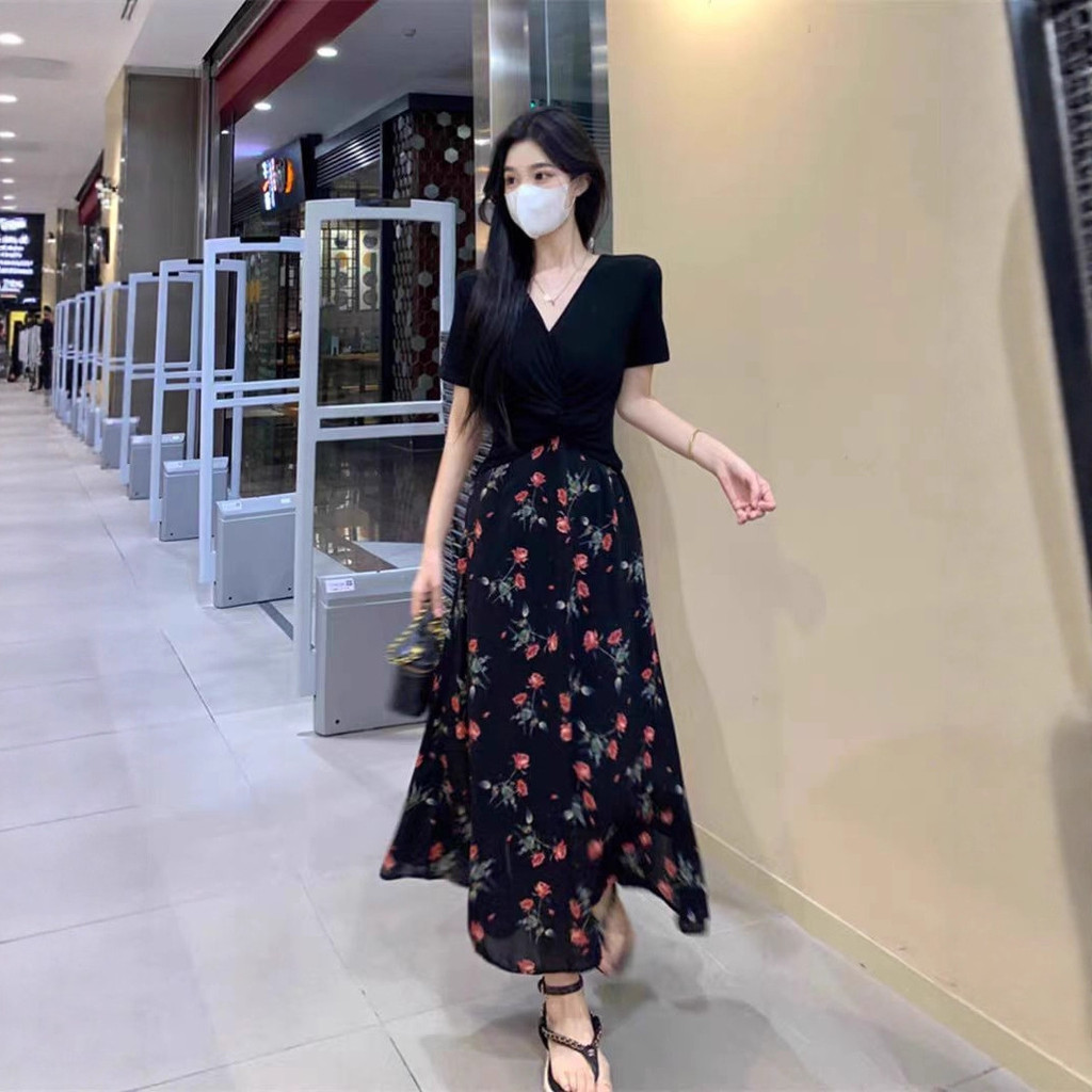 Tea Break ฝรั่งเศสปลอมสองชิ้นชุดดอกไม้สีดํา 2025 เอวแคบ Slimmer ดู Classy ชุดเดรสยาว 12.9 W11.7 W2