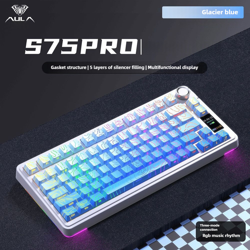 Aula S75 Pro คีย์บอร์ดเกมไร้สายพร้อมหน้าจอและลูกบิด, 4000mAh, Hot-Swap, สวิตช์ Lubed, RGB Backlit, ป