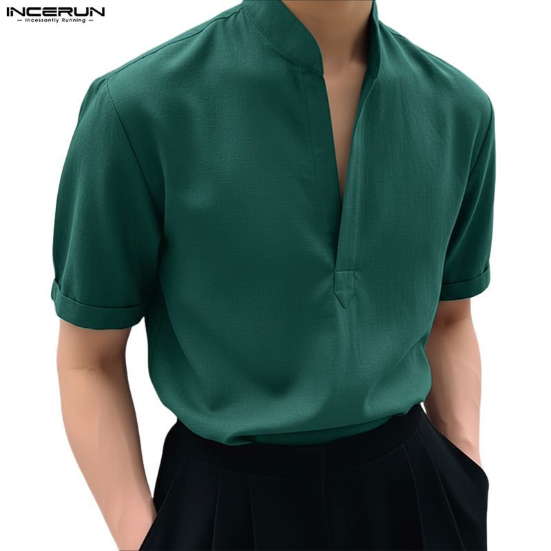 เสื้อยืนปกแขนสั้นสไตล์เกาหลีสำหรับผู้ชาย สไตล์มินิมาlistและดูภูมิฐาน
