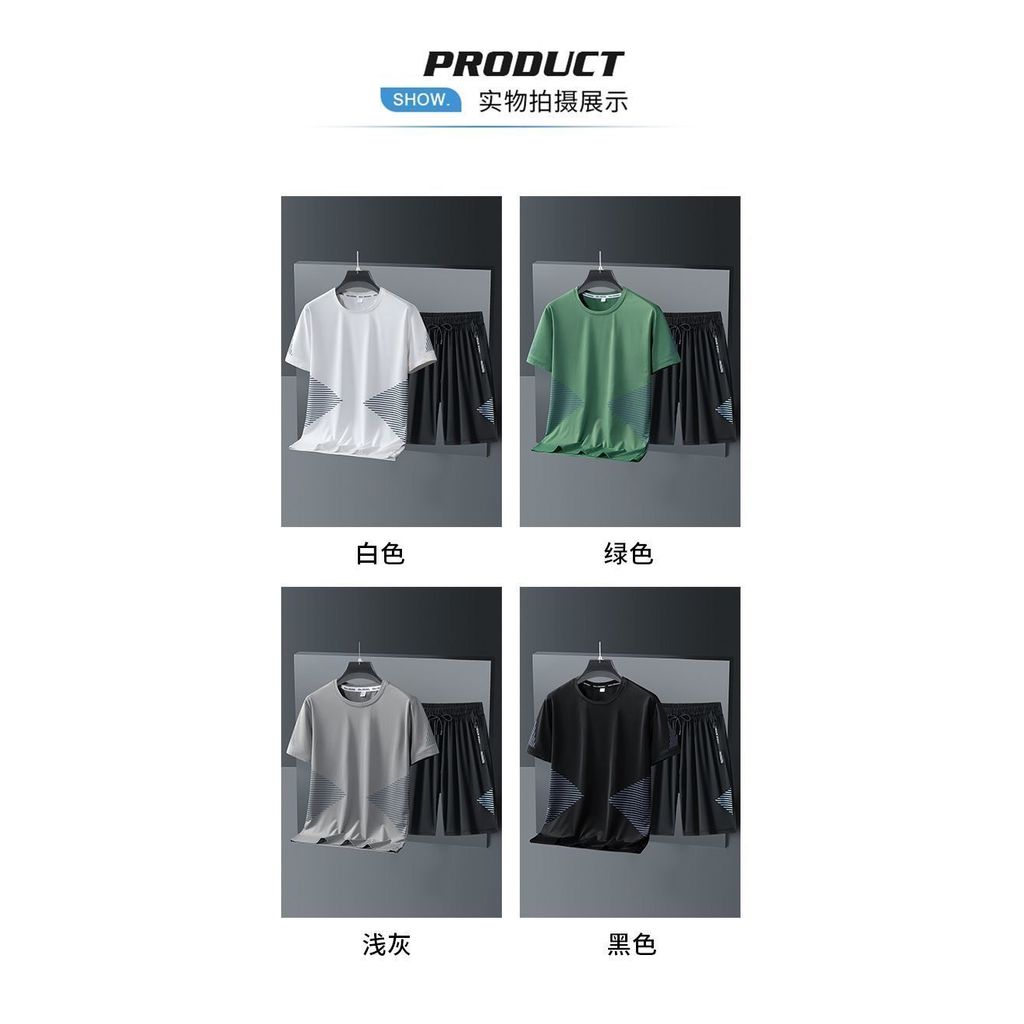 COD 2026 [Shop Hot Sale] ฤดูร้อนสไตล์ใหม่ผ้าไหมน้ําแข็งชุดกีฬาผู้ชายกีฬาวิ่งลําลองแขนสั้นหลวม COD RN