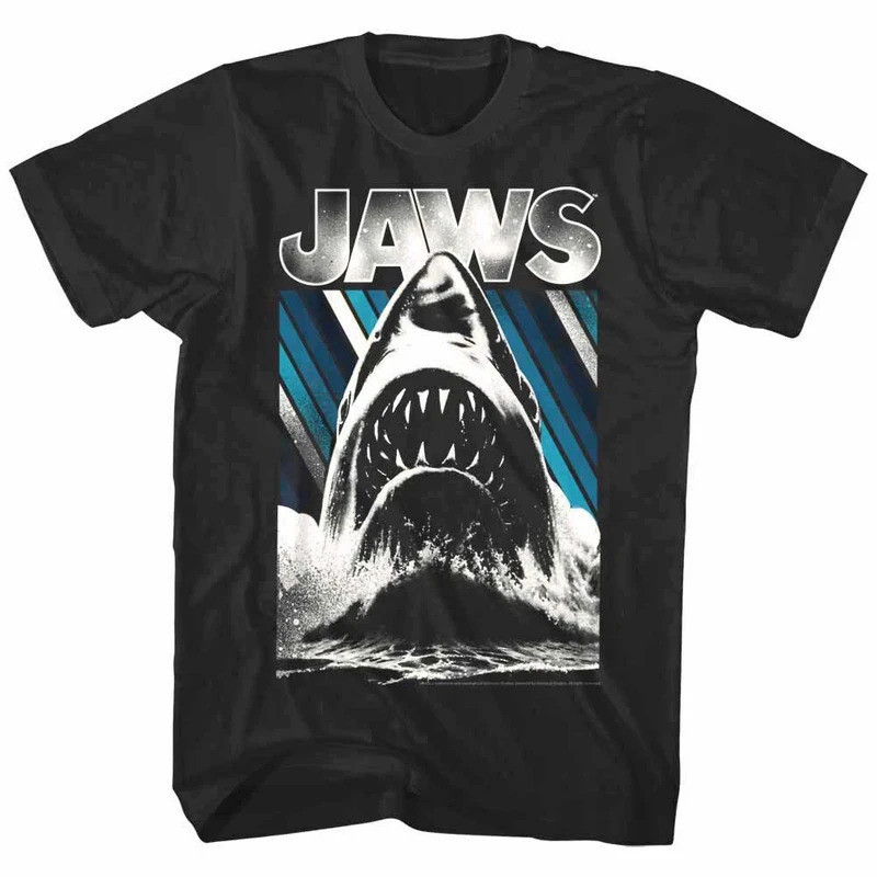 เสื้อยืดผู้ชายลายทางเรโทร Jaws แฟชั่นเทรนด์ Y2K เสื้อผ้าผู้ชาย