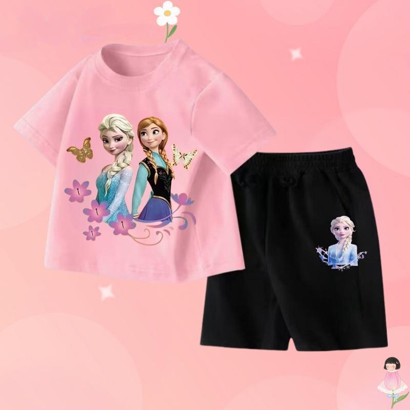 [COD] HOT（ชุดเสื้อยืดและกางเกงสั้นเด็ก）เสื้อยืดและกางเกงขาสั้นเด็กผู้หญิงแขนสั้น ชุด 2 ชิ้น ธีมเจ้าหญิงเอลซ่าแช่แข็ง เสื - รูปที่ 3