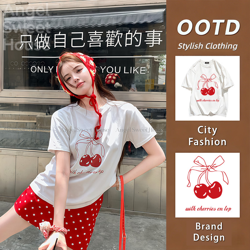 （จัดส่งตลอด 24 ชั่วโมง）Angle Official  Cherry bowknot printed T-shirt latest pattern T-shirt เวอร์ชันเกาหลี