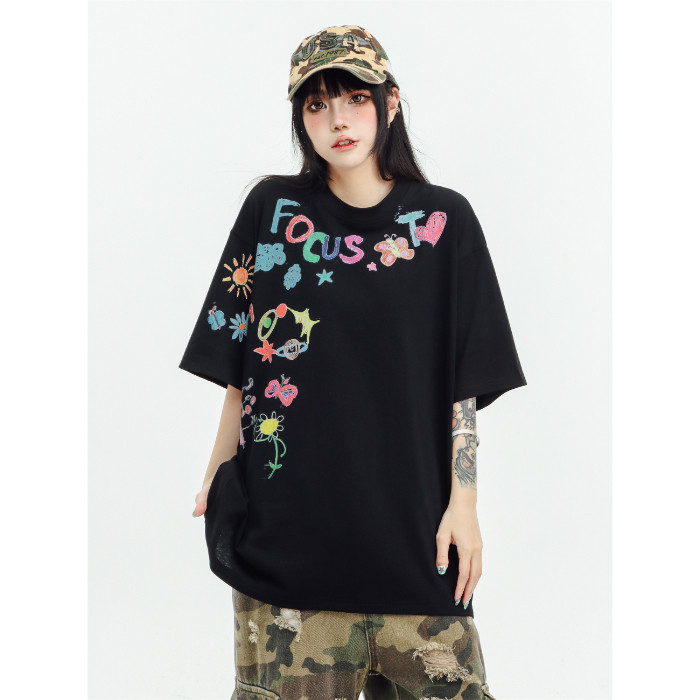 COD [/แนะนํา] Heavy 230g เส้นด้ายคู่ผ้าฝ้ายแท้หวีสีแน่นพิมพ์ตัวอักษรเสื้อยืดแขนสั้น 2026 FD1J