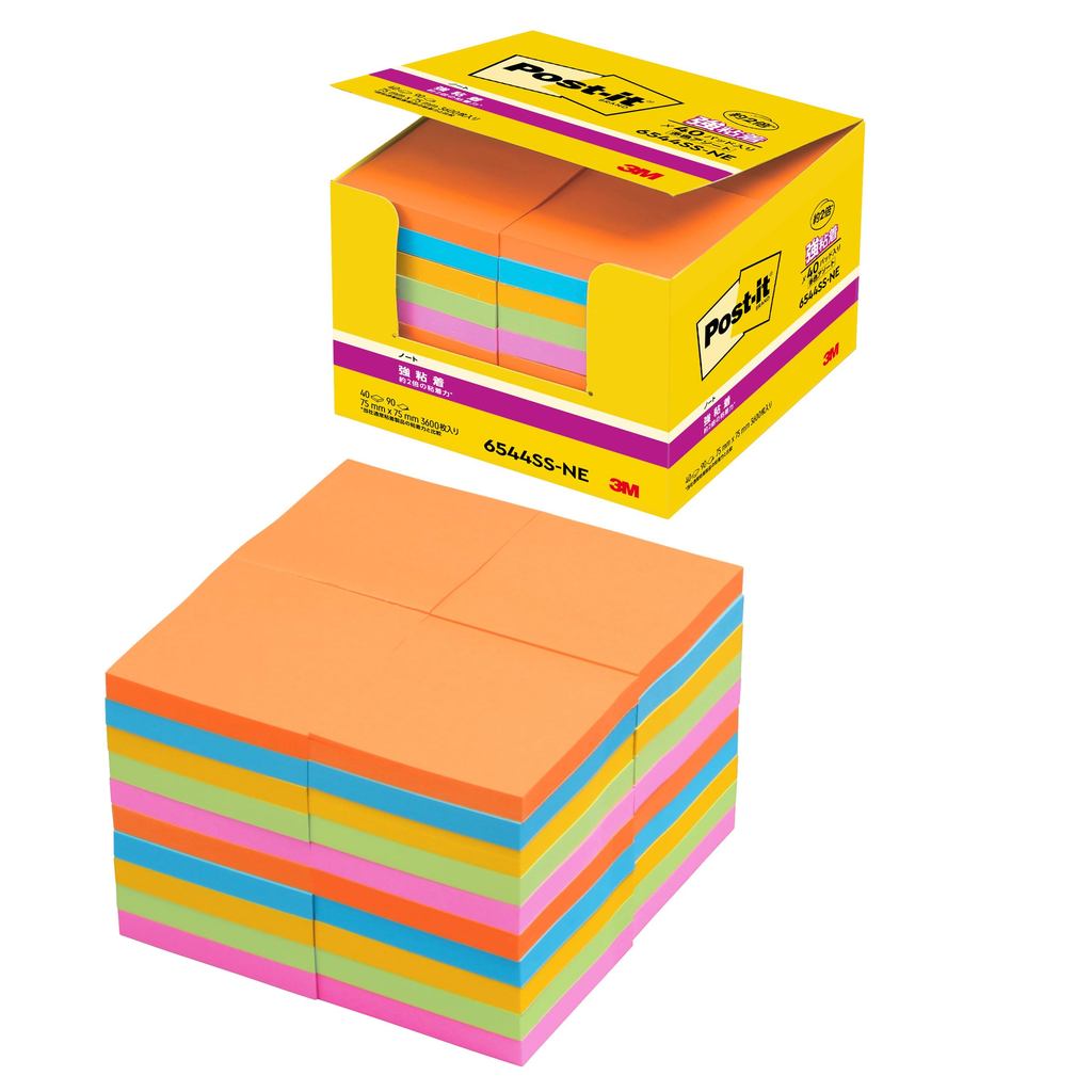 3M Post-it Notes Strong Adhesive Large Neon Color 75×75mm 90 sheets × 40 pads 6544SS-NE