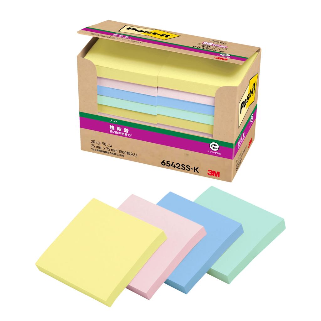3M Post-it Notes Strong Adhesive Large Pastel Color 75×75mm 90 sheets × 20 pads 6542SS-K Eco Mark Ce