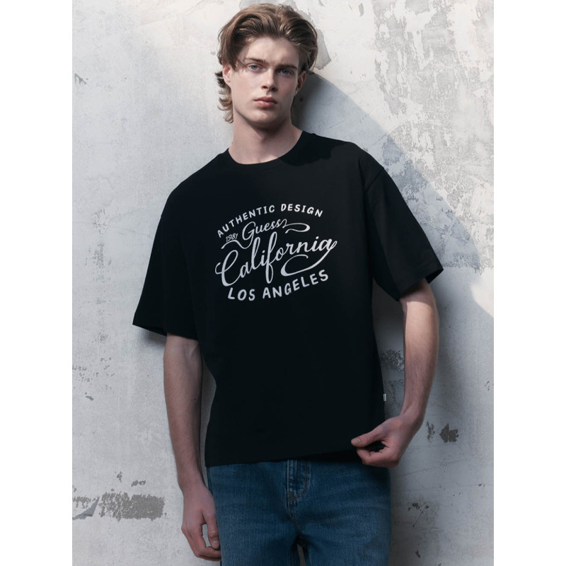 เสื้อยืด GUESS Retro Monochrome Pattern ผ้าฝ้าย 100%, เหมาะสำหรับทั้งผู้ชายและผู้หญิง