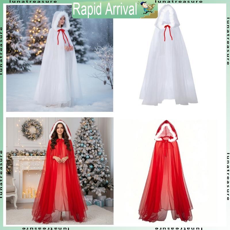 Lun Princess Hooded Cape Cloak Mrs Santa Cape Cloak with White Furs Hooded สําหรับผู้หญิง