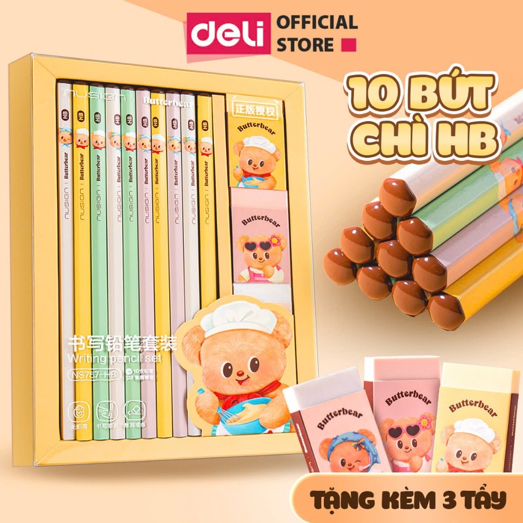 ButterBear x Nusign Deli School Supplies ชุดดินสอ HB 10 ชิ้นพร้อมยางลบ Nusign สุดน่ารัก 3 อัน ปลอดภั