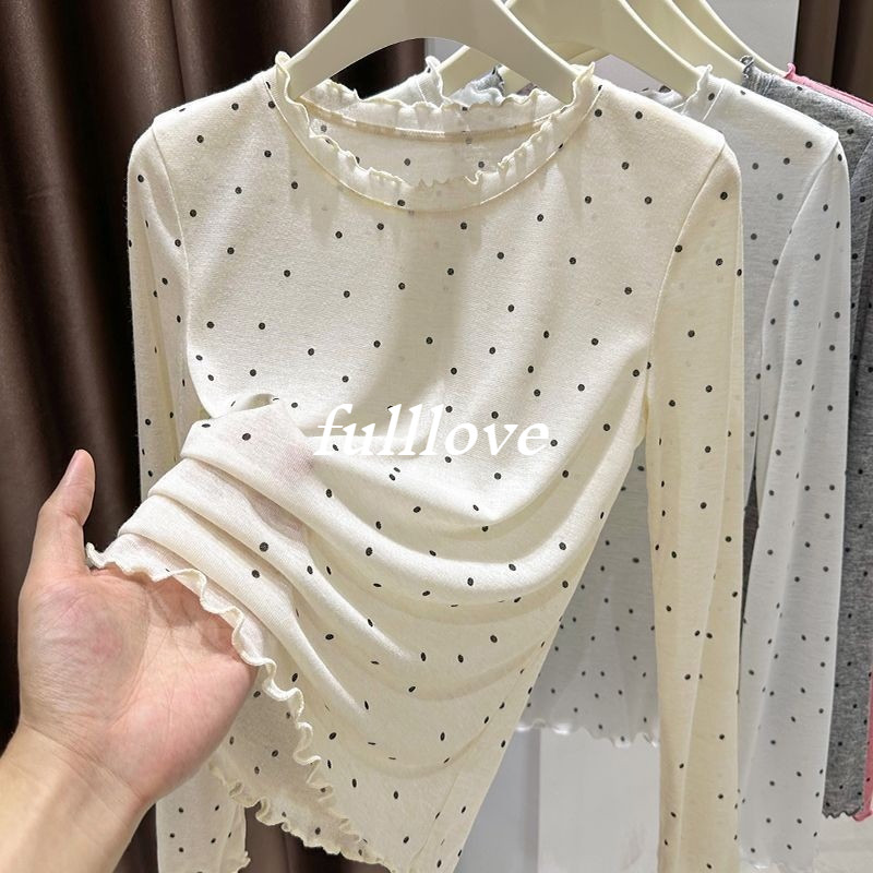 [ส่งไวจากไทย] Fulllove เวอร์ชั่นเกาหลีผู้หญิงสไตล์แขนยาวเสื้อยืดแฟชั่นบางรุ่นรอบคอลายจุดป้องกันแสงแดด