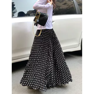 YODO กระโปรงจีบลายจุดยาวขึ้น กระโปรงเอวสูงพลิ้วสวยช่วยให้ดูเพรียว #2059