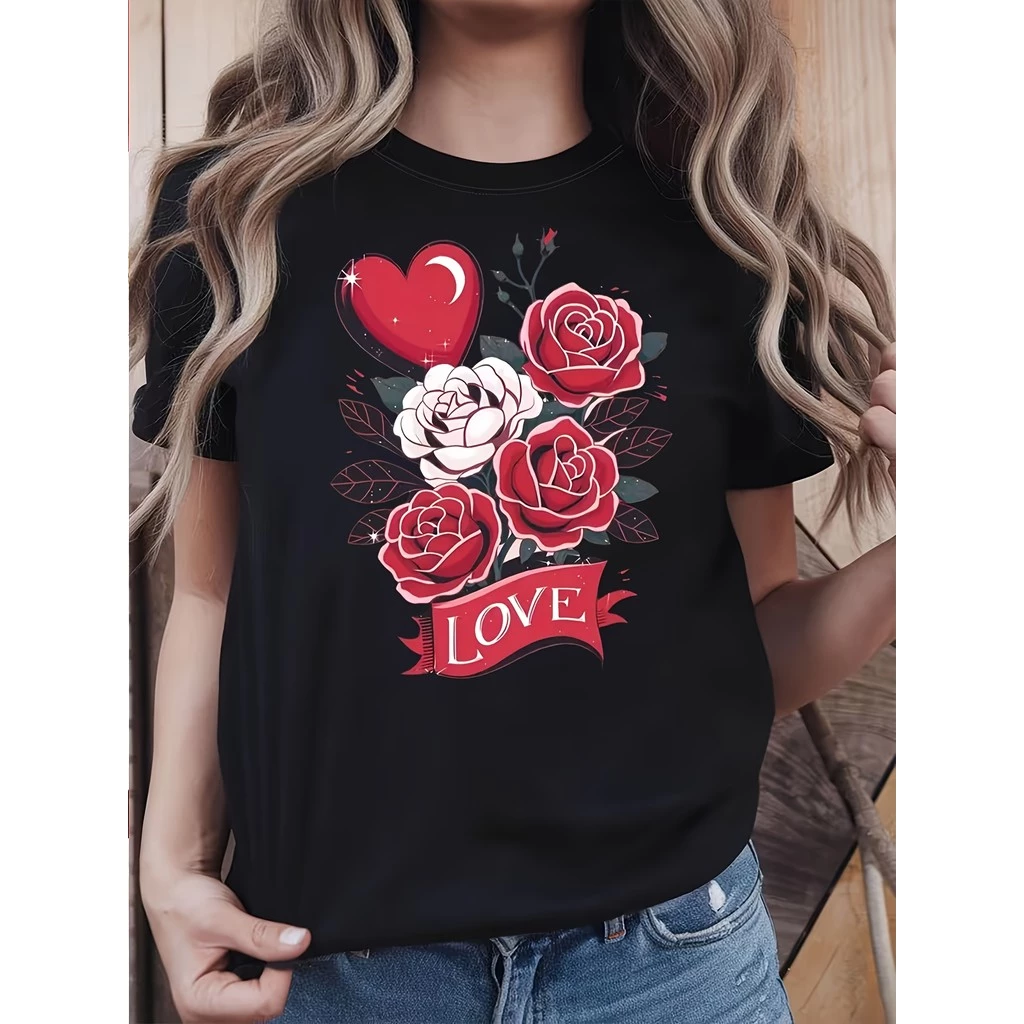 เสื้อยืดผู้หญิงลายหัวใจและดอกกุหลาบวันวาเลนไทน์ แขนสั้นสีดำ