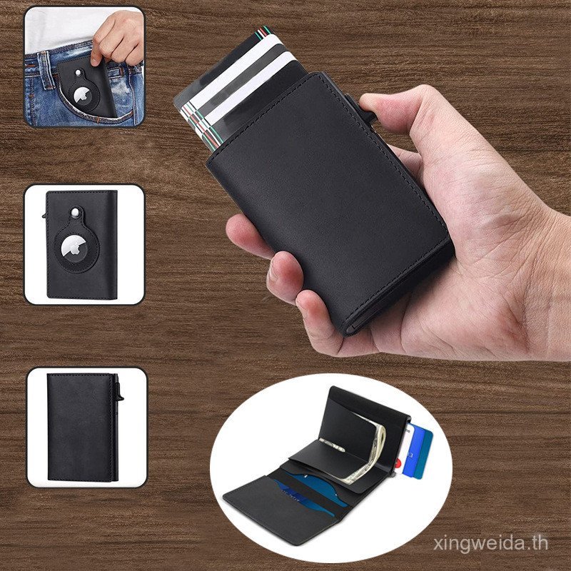 กระเป๋าใส่บัตร RFID ป้องกันการโจรกรรมกระเป๋าสตางค์หนัง Ejection อัตโนมัติพร้อมเคสอลูมิเนียมและการติด