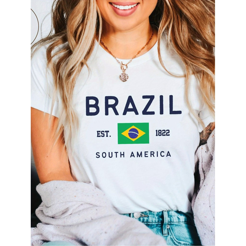 ทีเชิ้ตกราฟิกวินเทจอิสรภาพบราซิลสำหรับผู้หญิง - BRAZIL EST.1822 เสื้อที่มีสีธงชาติบราซิล