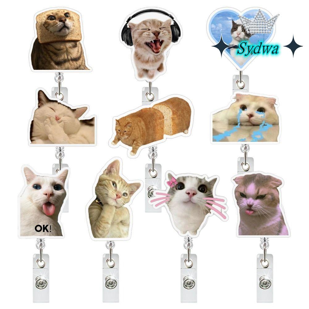 SYDWA Memes Badge Reels, อะคริลิค Retractable Cat พวงกุญแจ, แมวตลก Memes Series Lanyard กระเป๋าจี้ O
