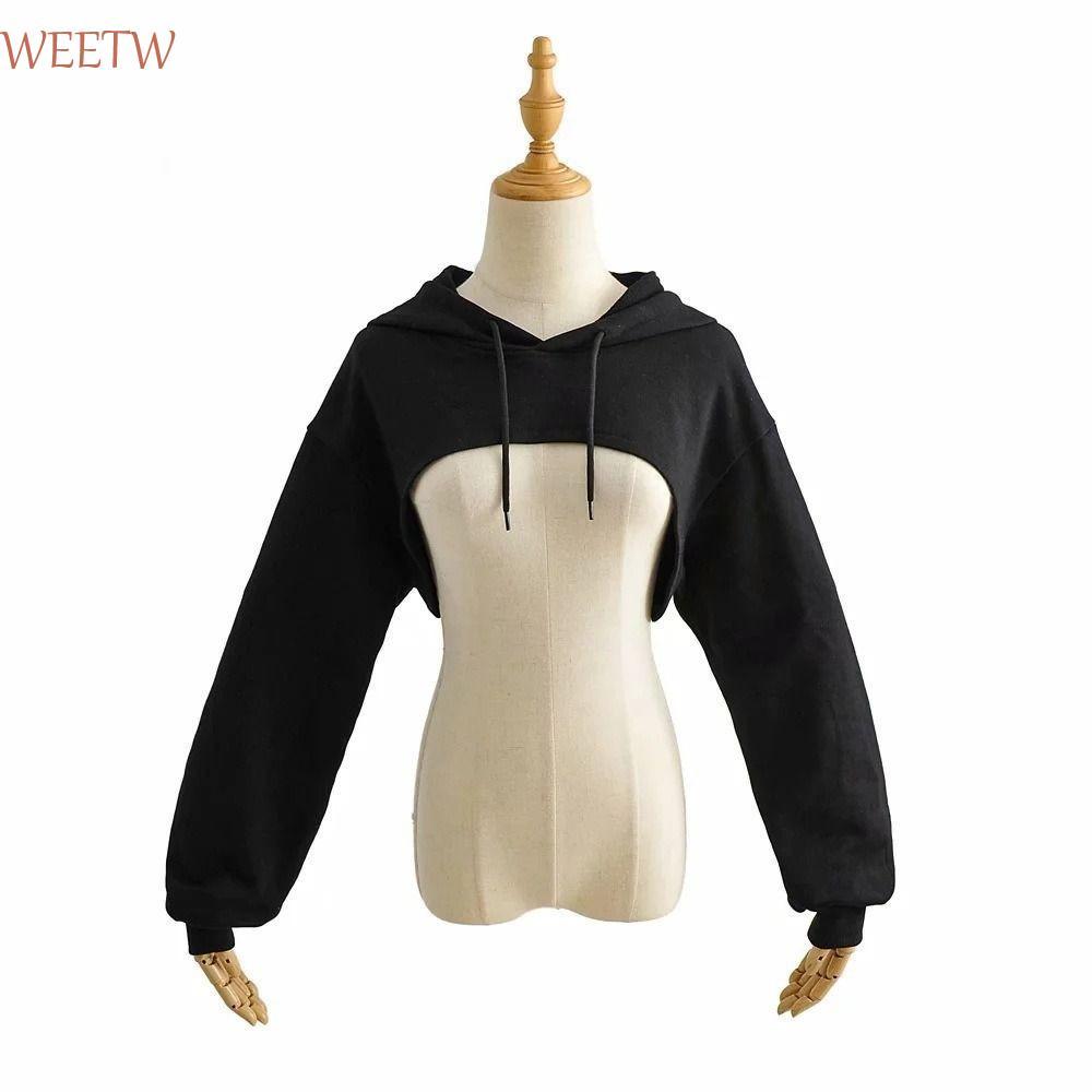 Weekw เสื้อครอปแขนยาว, Patchwork Ultra Short หญิง Hoodie, สบายครีมกันแดด Ups Tops Lace Up Drawstring Shrug เสื้อสวมหัววันหยุด