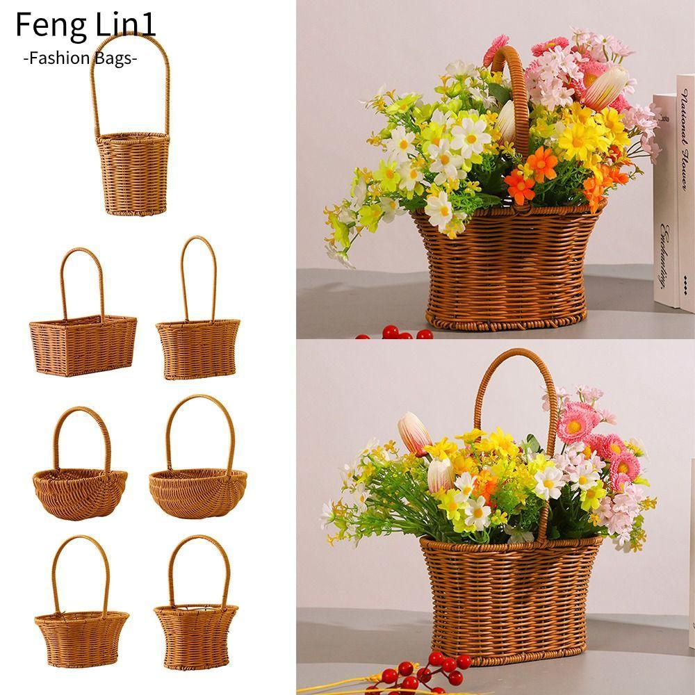 Fengling Handhold ทอผ้าตะกร้า,หวายเทียมพร้อมที่จับ Braid ตะกร้าเก็บ, Creative ห้องน้ําชั้นวางผักผลไม้ดอกไม้ Sundries Organizer แขวนตะกร้า