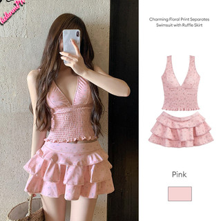 【Spot Goods】Charming Floral Print Separates Swimsuit  for Hot Springs Sweet with Ruffle Skirt HL