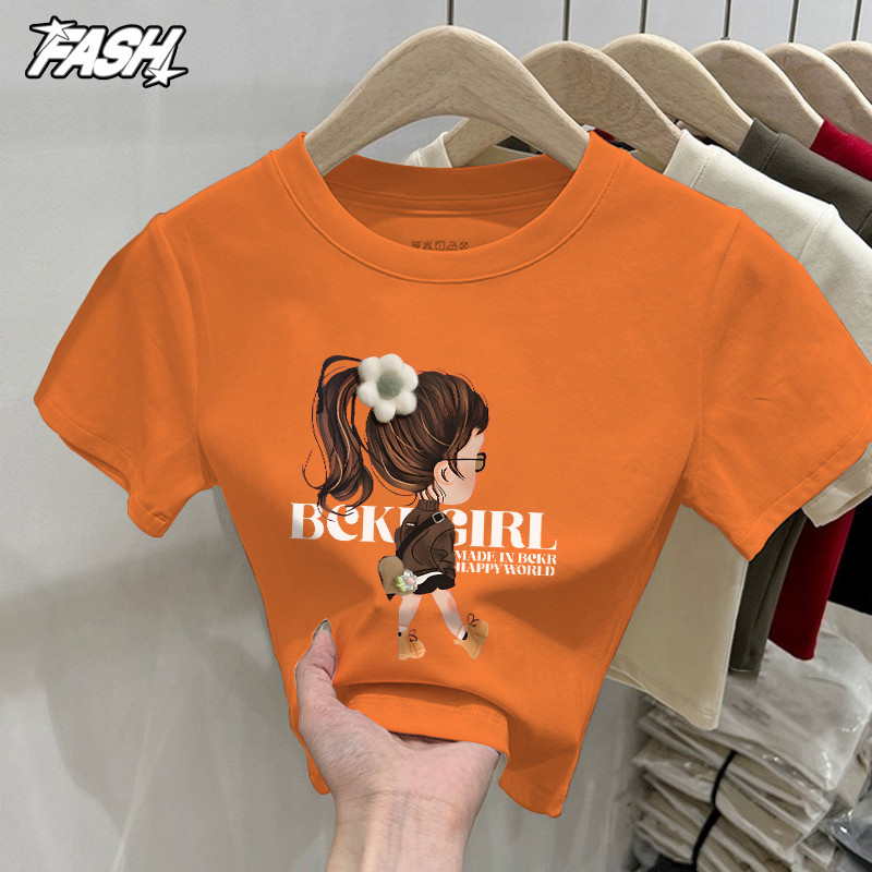 เสื้อยืดเอวลอยผู้หญิง baby tee คอกลม แฟชั่นเกาหลี เซ็กซี่ ลายพิมพ์การ์ตูนหญิง ใส่แล้วดูผอม แมตช์ง่าย YG1894